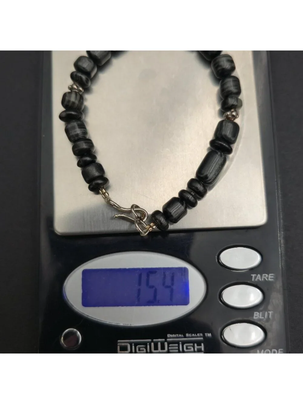 7 Inch Sterling Silver Black Striped Agate Gemstone Beaded Bracelet B1460